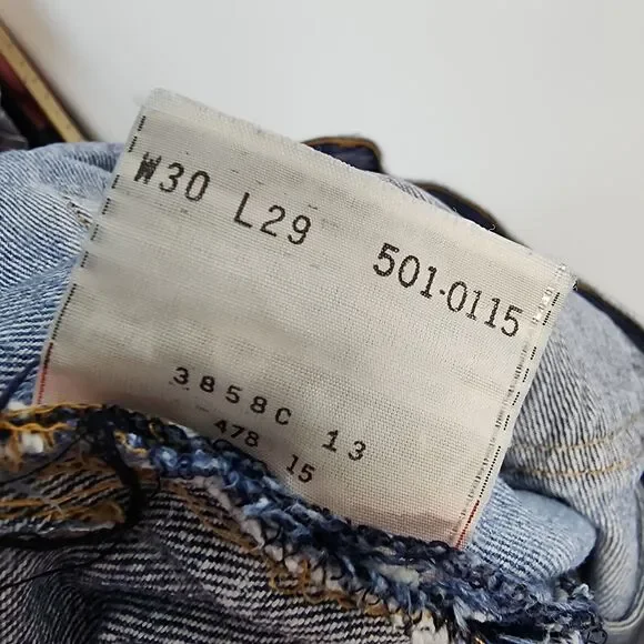 Vintage Levis 501-0115 Denim Jeans 30x24 Blue Altered Destoyed Punk Grunge 80s